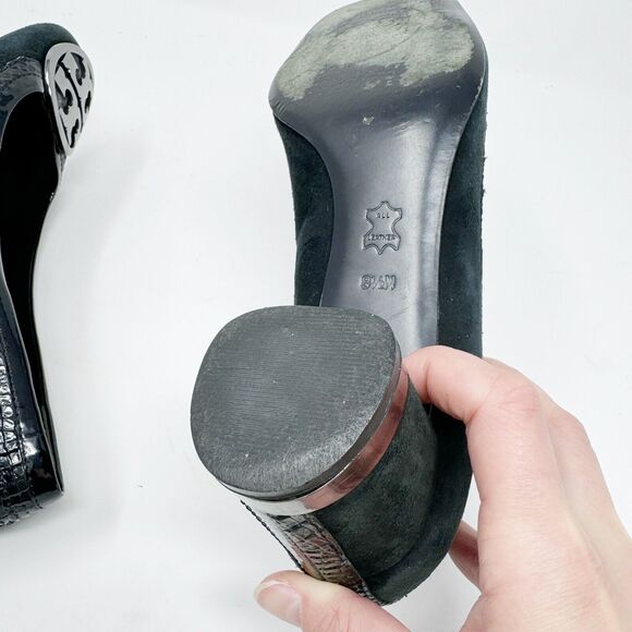 Tory Burch Frannie Reva Pumps 8.5 Black Suede Croc Trim Silver Logo Block Heels - Picture 7 of 14